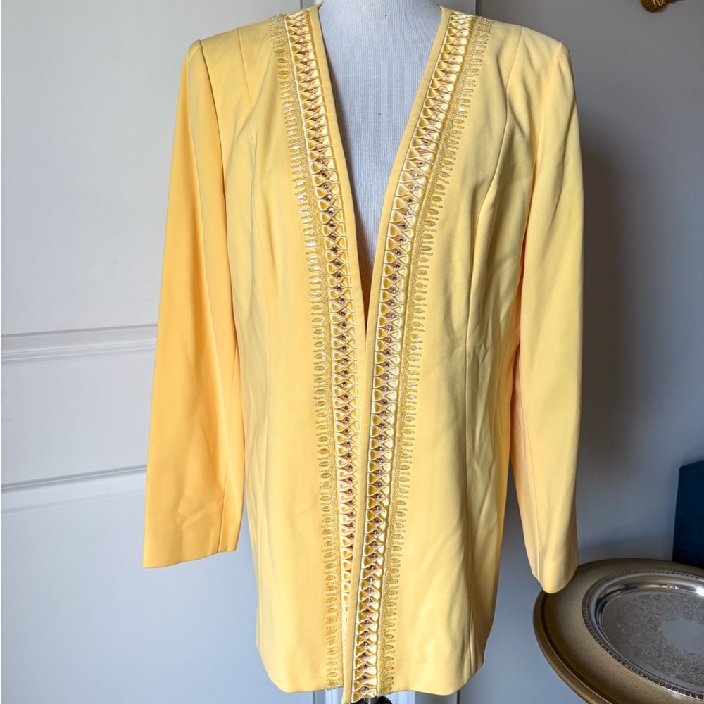 Vintage Louise Ricci Yellow Beaded Jacket Size 16 Embellished Open Front Blazer
